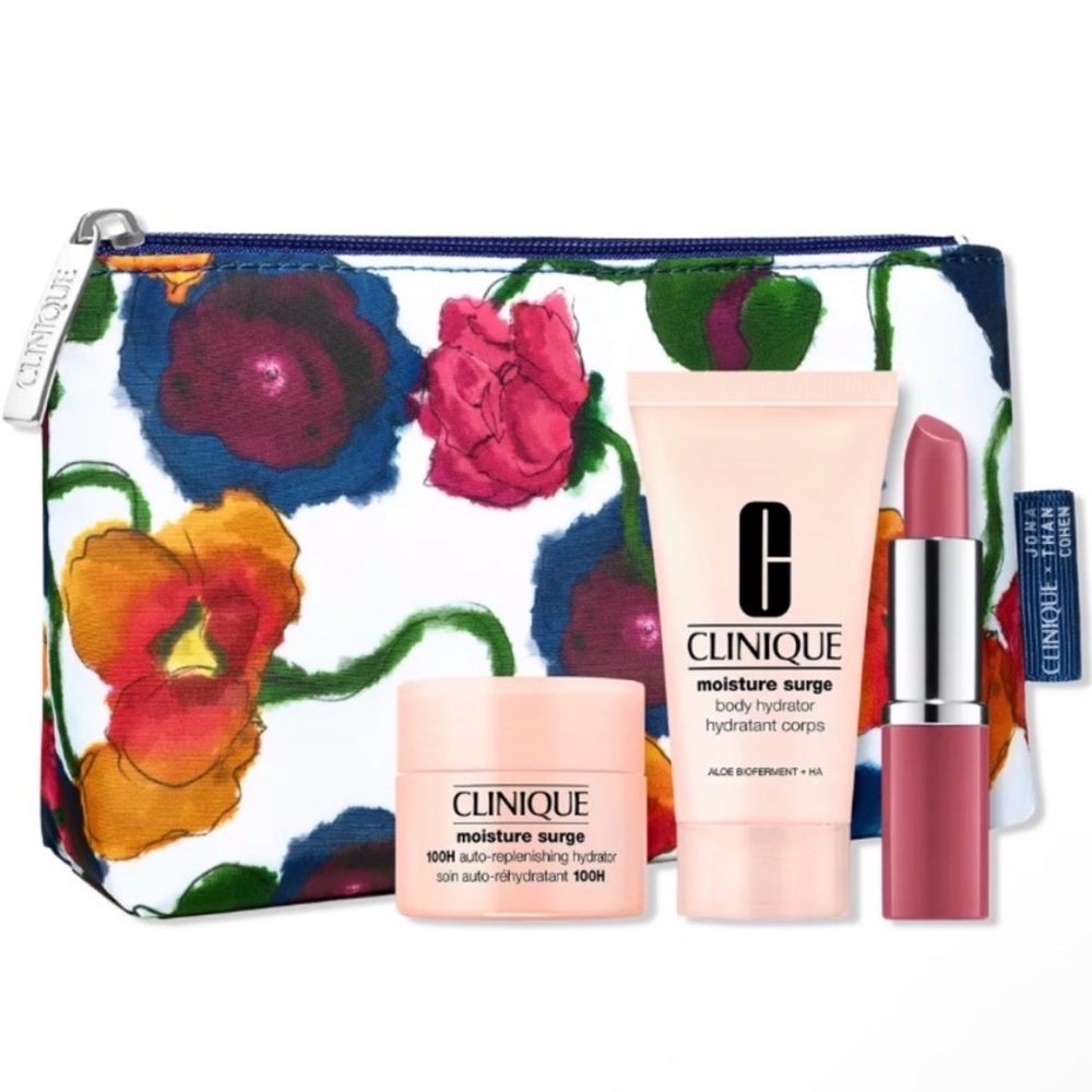 NEW Clinique Floral Cosmetic Bag Plum Pop Lipstick, 2 Moisturizer Surge Products